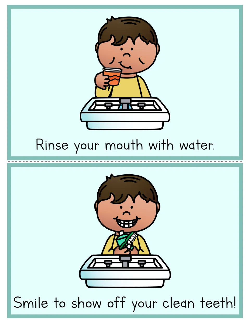 Final toothbrushing sequence cards: a boy rinses his mouth with a cup of water, then smiles to show off clean teeth