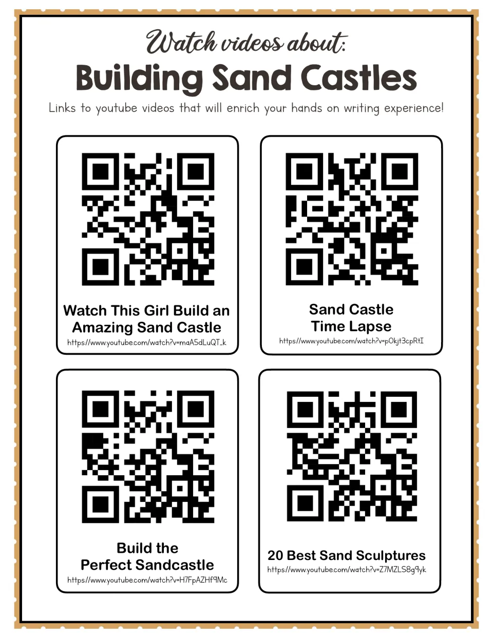 Building sand castles videos: four QR codes linking to YouTube clips, including a time lapse and best sand sculptures
