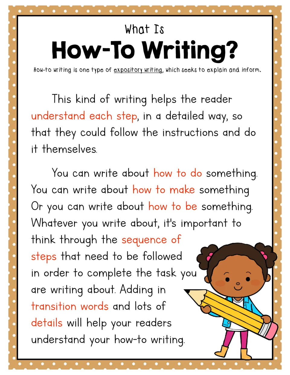 What is how-to writing? Explains expository steps in order: how to do, make or be something, using transitions and details