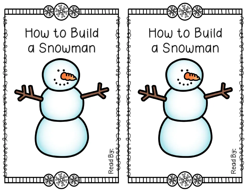 Color mini reader cover, printed twice, showing a snowman with stick arms and a carrot nose and 'Read By:'