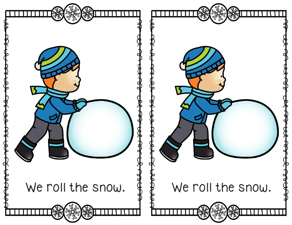 Color mini reader page 2, printed twice: 'We roll the snow.' beside a child rolling a large snowball