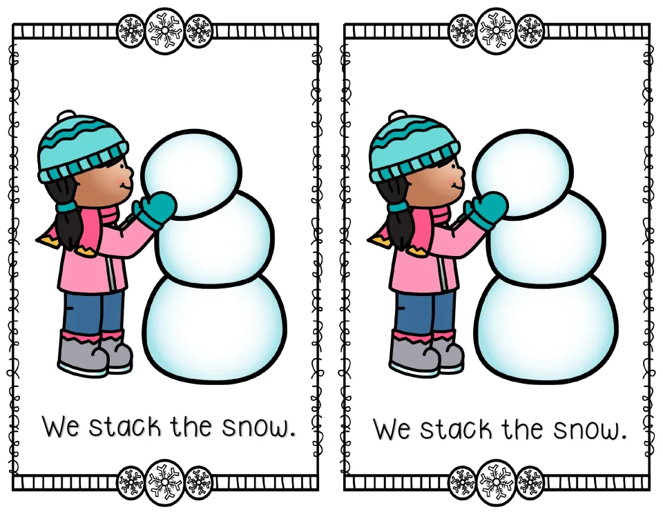 Color mini reader page 3, printed twice: 'We stack the snow.' beside a child stacking three snowballs