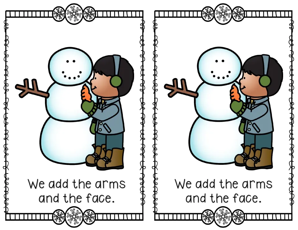 Color mini reader page 4, printed twice: 'We add the arms and the face.' with a child holding a carrot