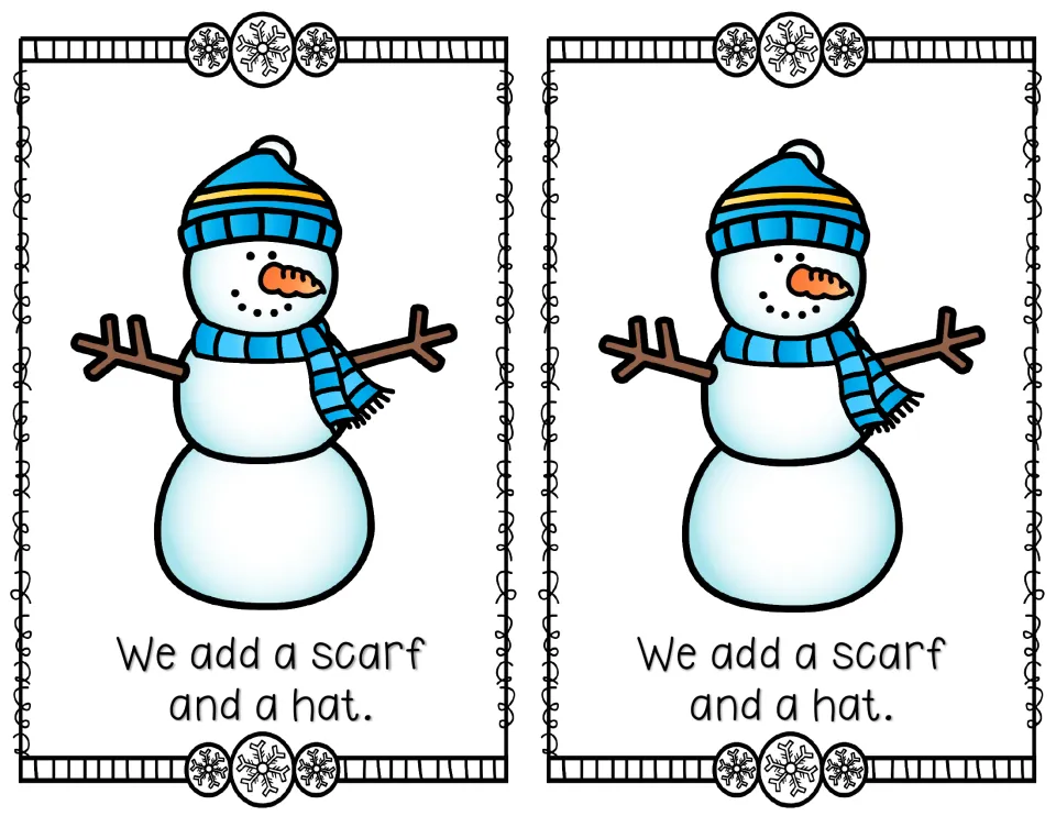 Color mini reader page 5, printed twice: 'We add a scarf and a hat.' with a snowman wearing both items