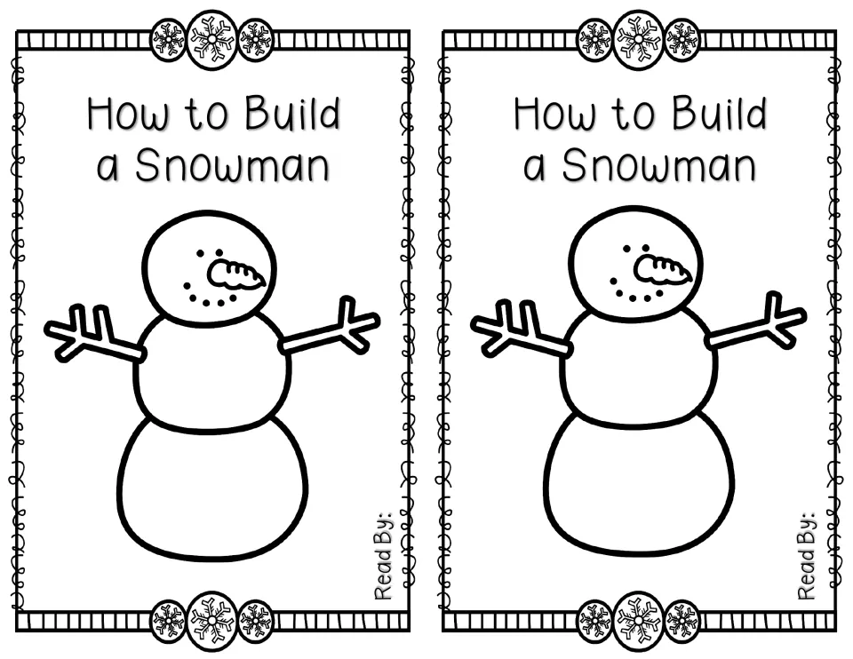 Black-and-white mini reader cover, printed twice, with a snowman, stick arms, a carrot nose, and 'Read By:'