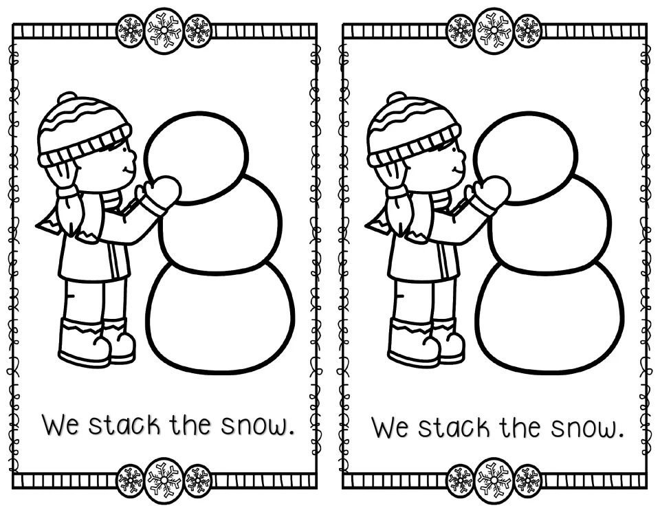 Black-and-white mini reader page 3, printed twice: 'We stack the snow.' with a child stacking snowballs