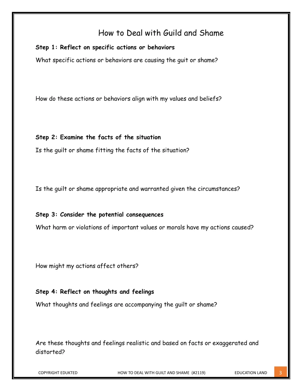 Guilt and shame steps 1-4: students answer prompts on their actions, the facts, the consequences and their feelings