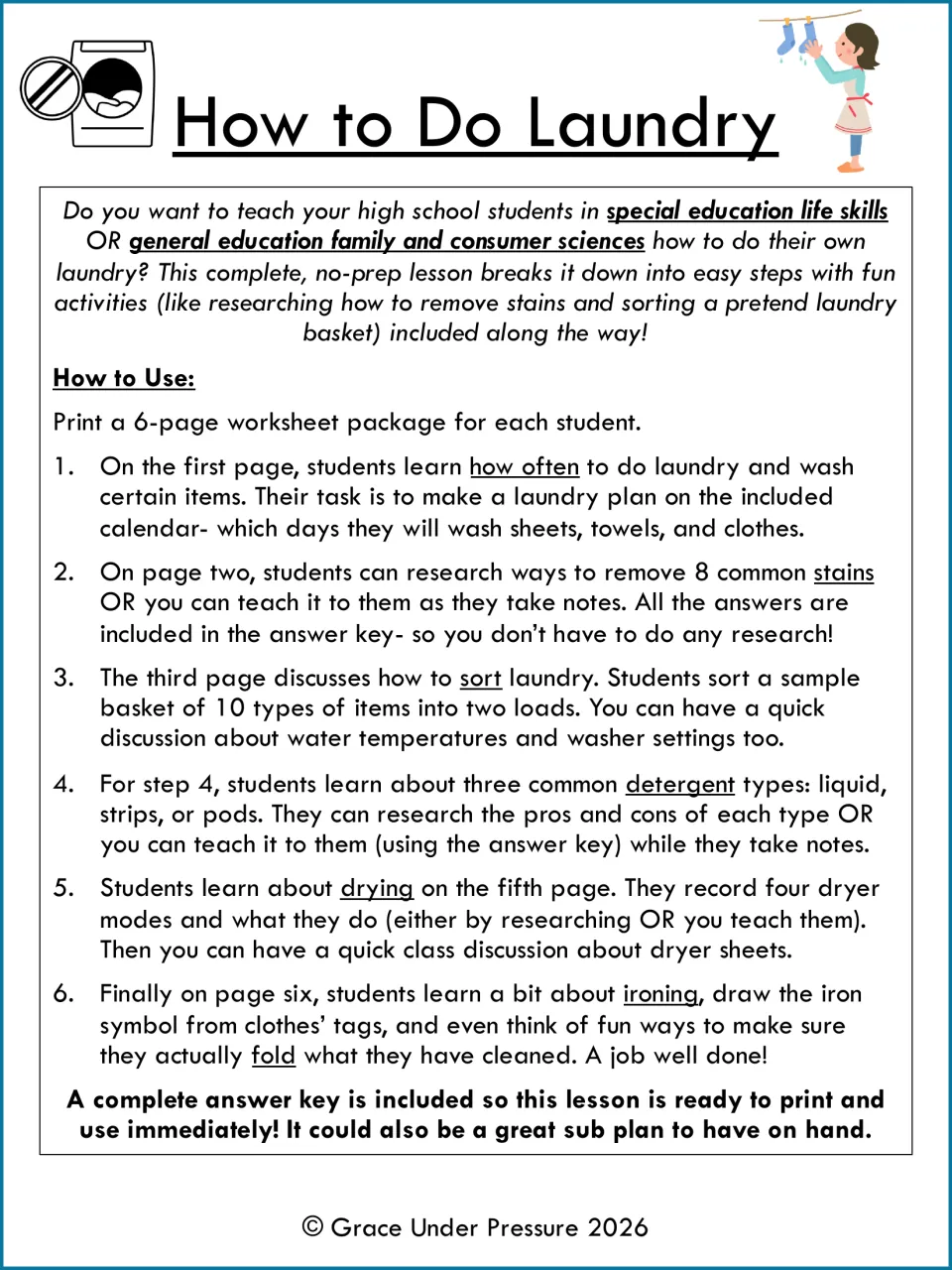 Laundry lesson overview: how-to-use notes for six steps, from wash schedules and stains to drying and folding