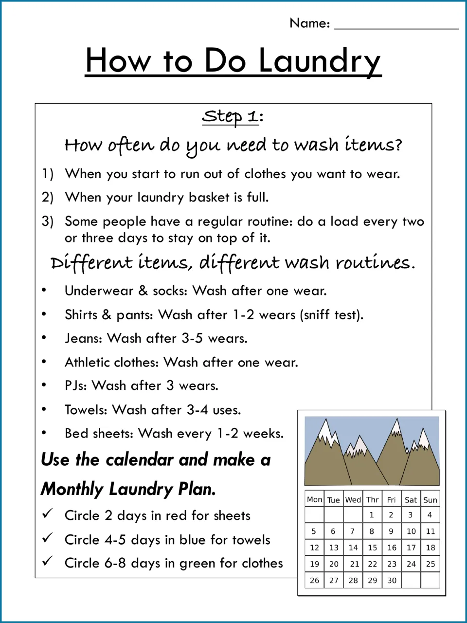 Step 1, how often to wash items: students read wash routines and circle calendar days for sheets, towels and clothes