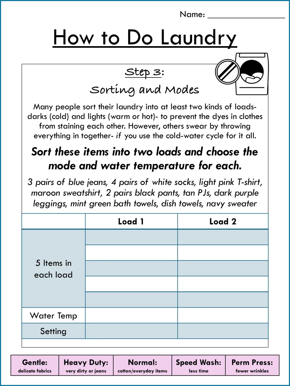 Step 3, sorting and modes: students sort 10 laundry items into two loads, then pick water temp and setting