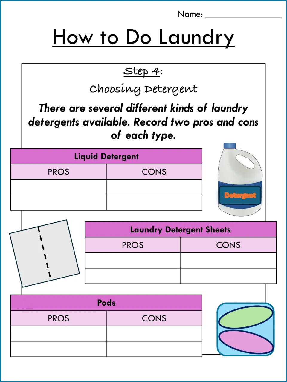 Step 4, choosing detergent: students list two pros and two cons each for liquid detergent, detergent sheets and pods