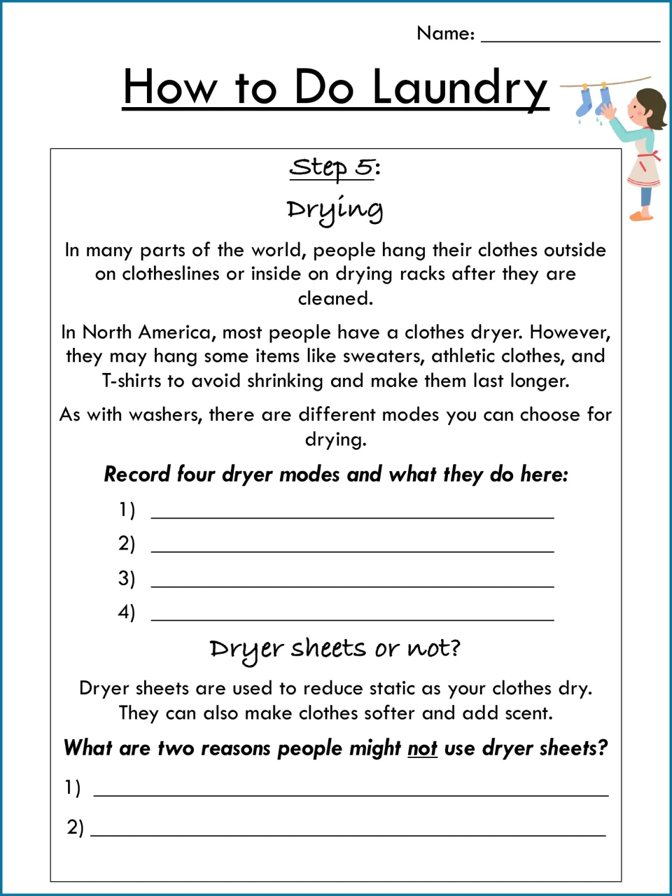 Step 5, drying: students record four dryer modes and what each does, then give two reasons to skip dryer sheets