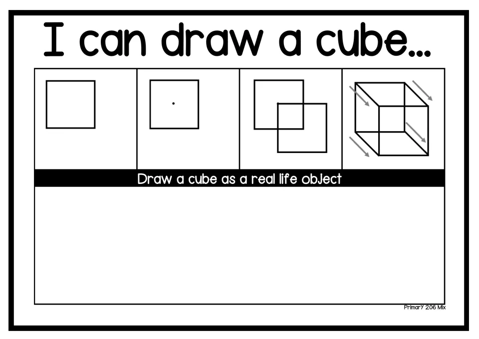 I can draw a cube: 4 steps from one square to two offset squares joined at corners, then students draw a real-life cube
