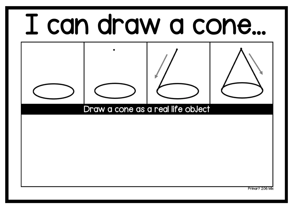 I can draw a cone: 4 steps from an oval and a dot to two slanted sides, then students draw a cone as a real-life object