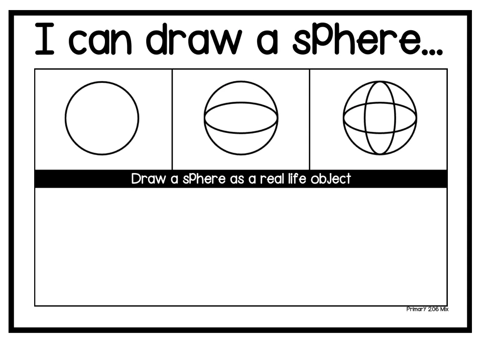 I can draw a sphere: 3 steps adding curved lines across a circle, then students draw a sphere as a real-life object