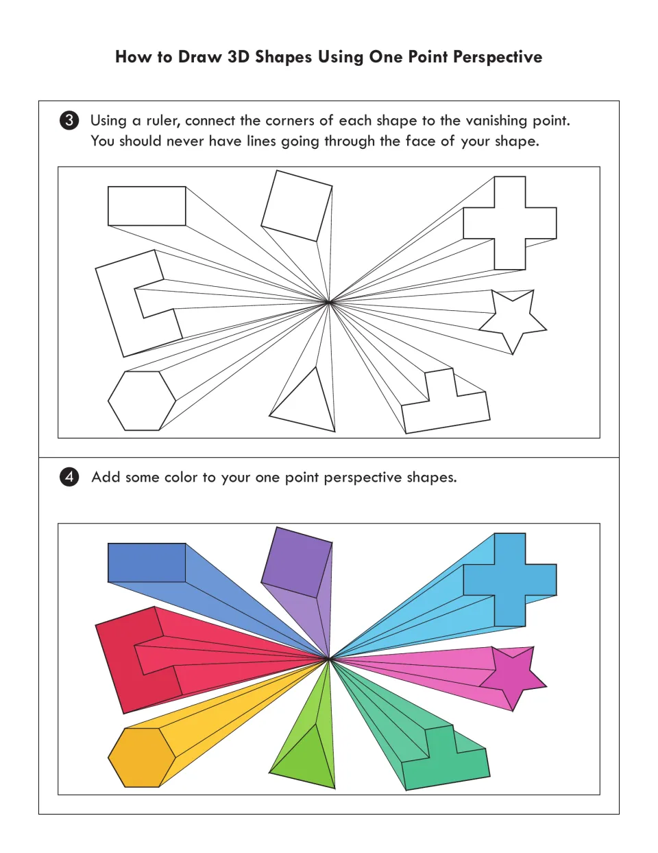 One-point perspective steps 3-4: students use a ruler to join each shape's corners to the vanishing point, then color them