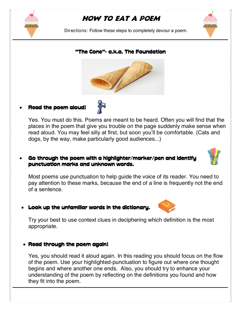 The Cone, poem reading foundation: students read aloud, mark punctuation and unknown words, then look up definitions