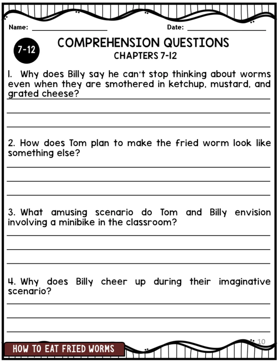 Chapters 7-12 comprehension: students answer why Billy can't stop thinking about worms and how Tom disguises the fried worm