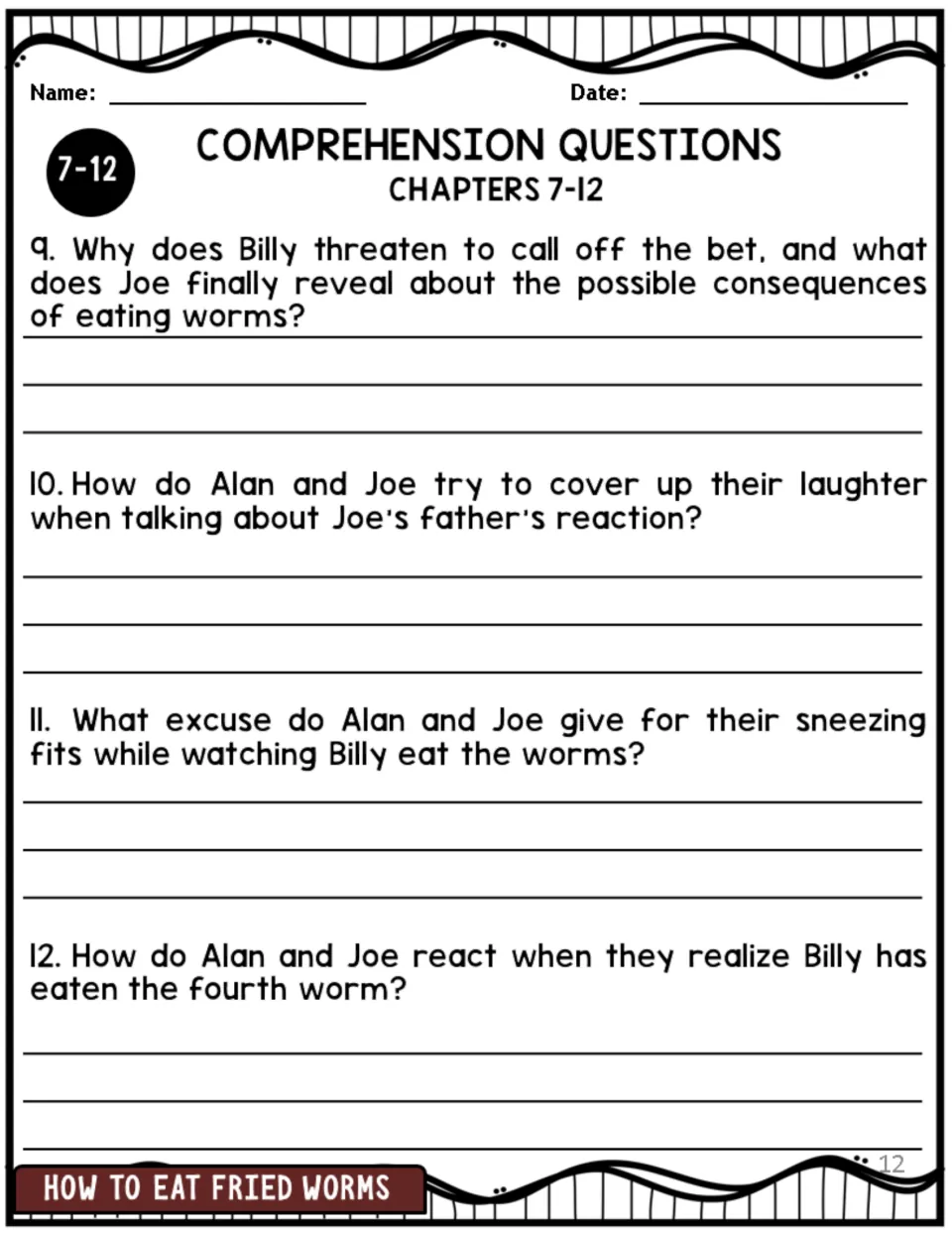 Chapters 7-12 comprehension, questions 9-12: students explain Billy's threat to call off the bet and the sneezing excuse