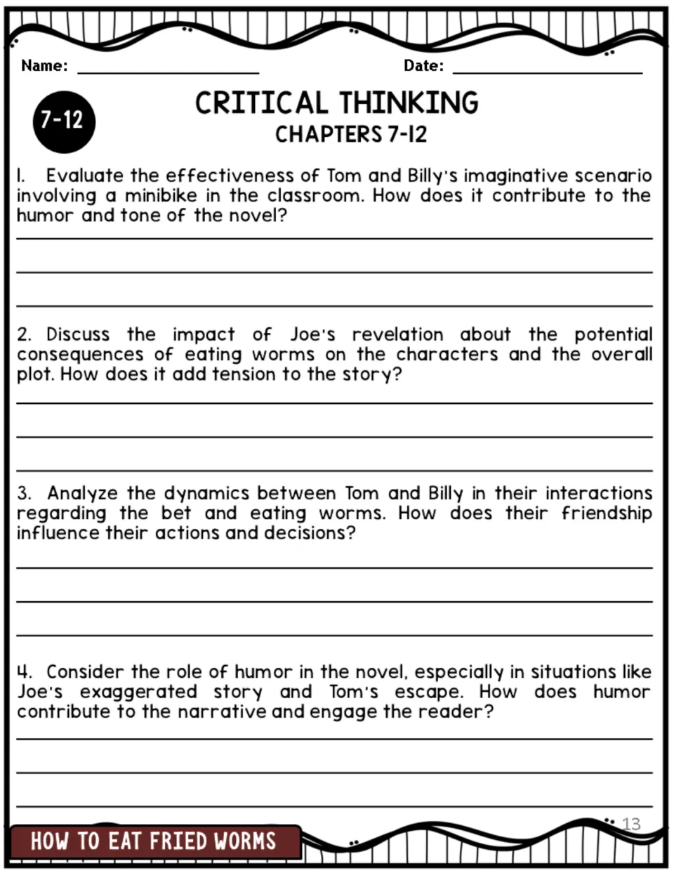 Chapters 7-12 critical thinking: students analyze humor, tension, tone and Tom and Billy's friendship in the bet