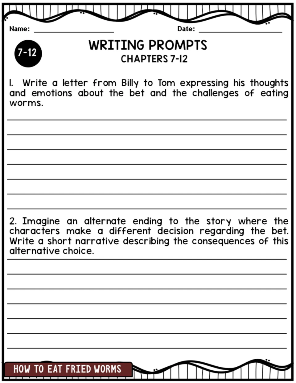 Chapters 7-12 writing prompts: students write a letter from Billy to Tom and an alternate ending about the bet