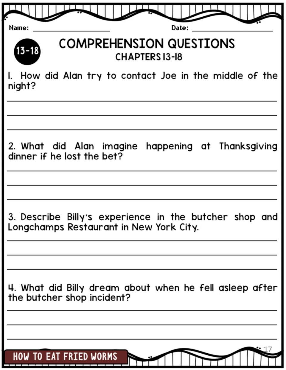 Chapters 13-18 comprehension: students recall Alan's late-night contact, Thanksgiving dinner and the butcher shop