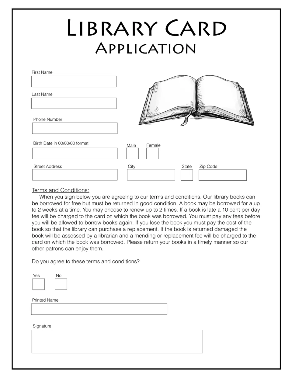 Library card application: students enter name, phone, birth date and address, read library terms, then print and sign