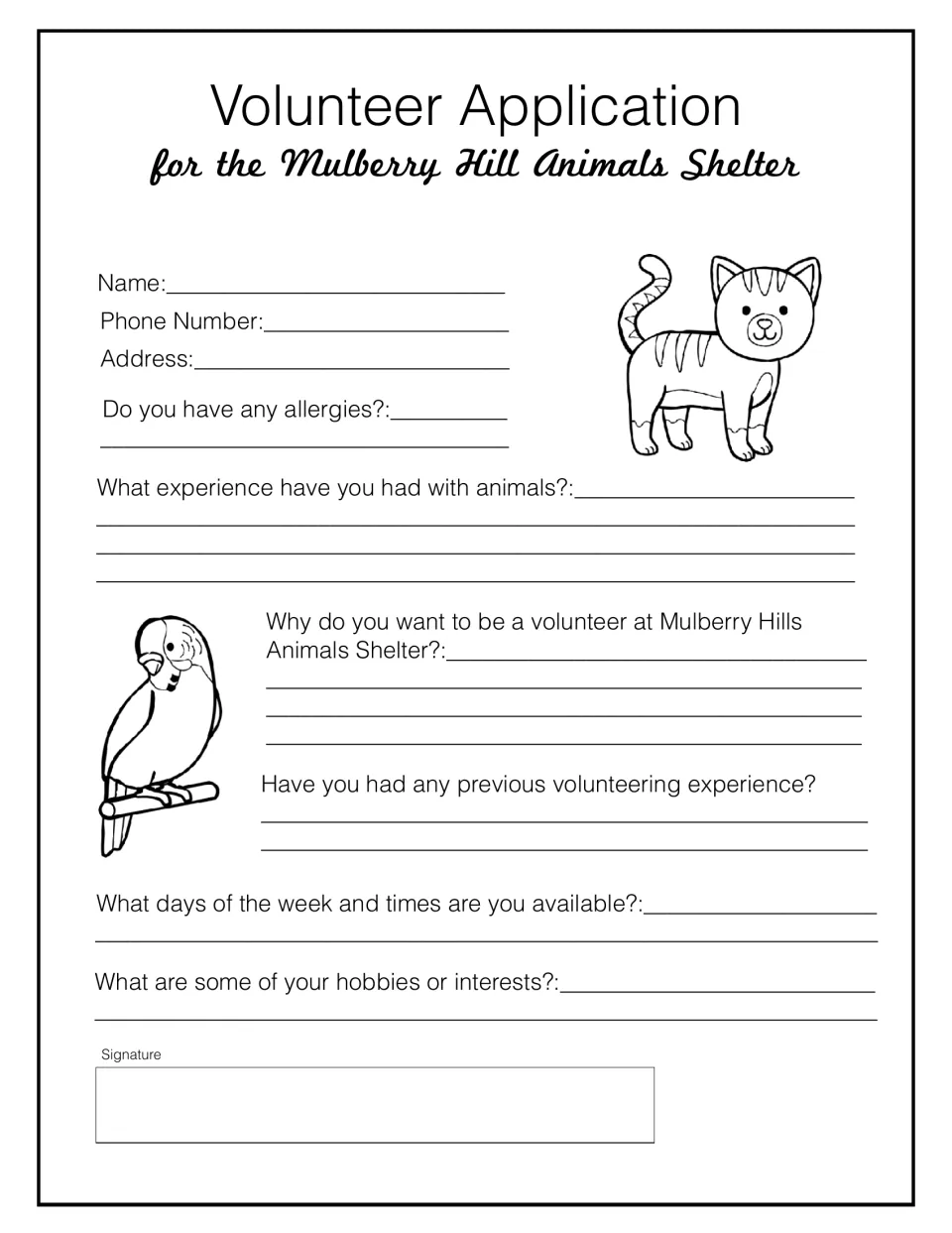 Animal shelter volunteer application: students write contact details, animal experience, availability and hobbies