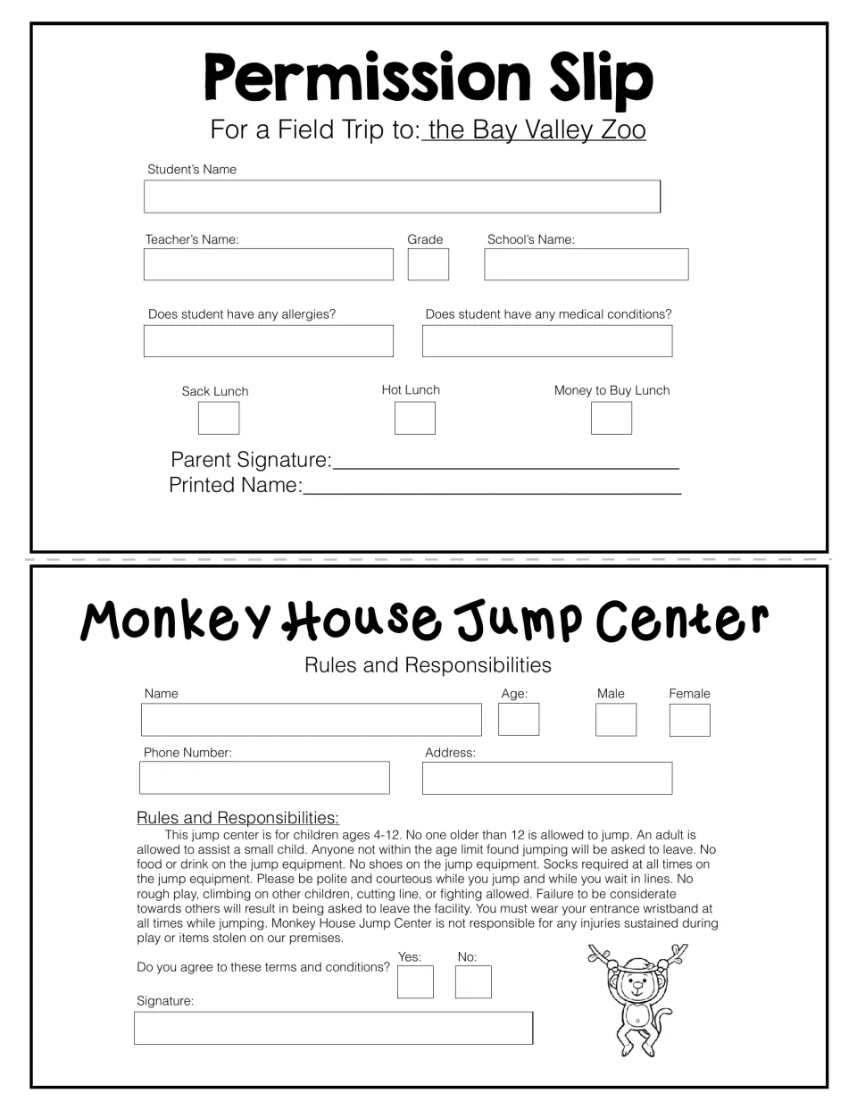 Zoo field trip permission slip plus Monkey House Jump Center rules form for students to fill in, agree to and sign
