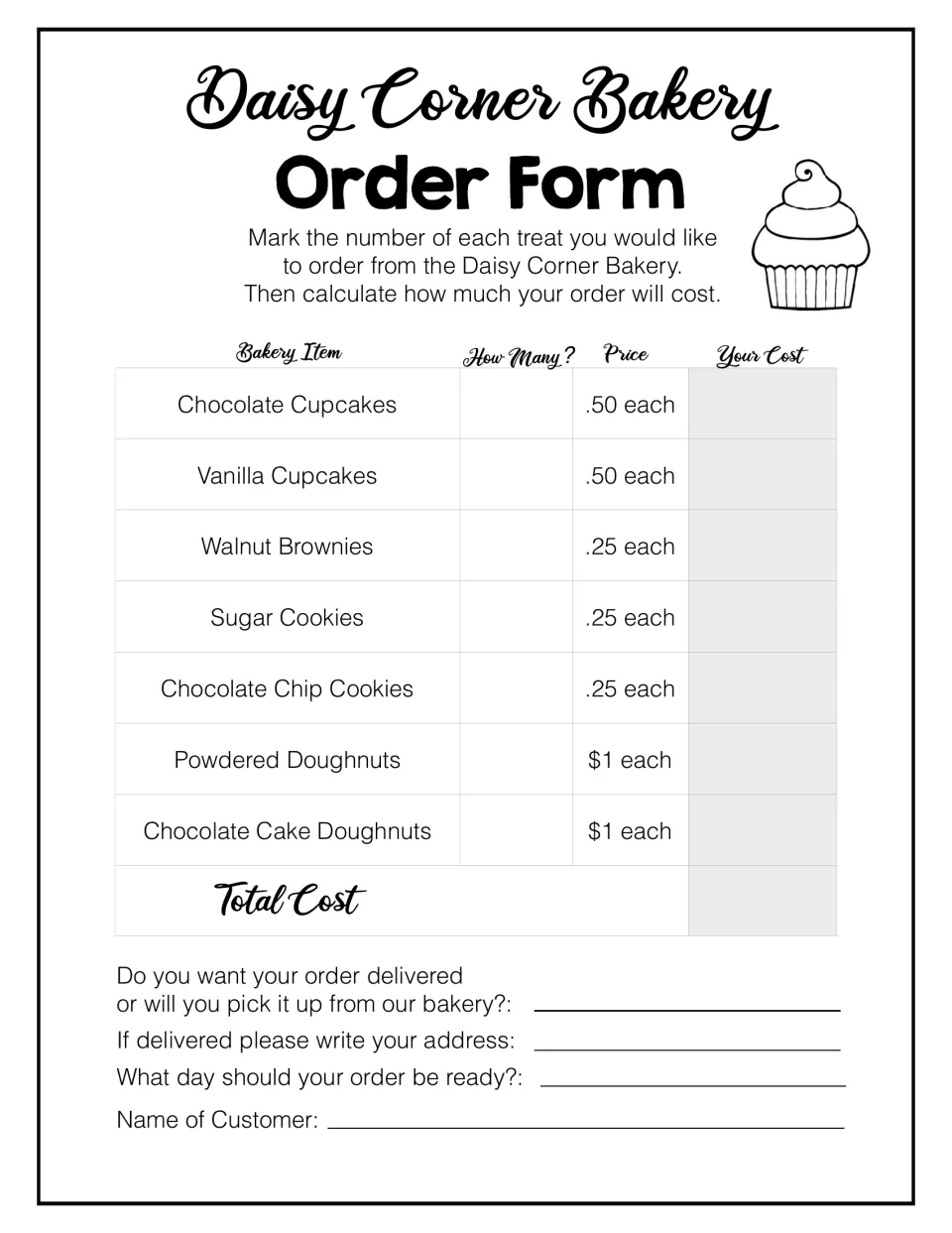 Daisy Corner Bakery order form: students choose quantities of cupcakes, cookies and doughnuts, then total the cost
