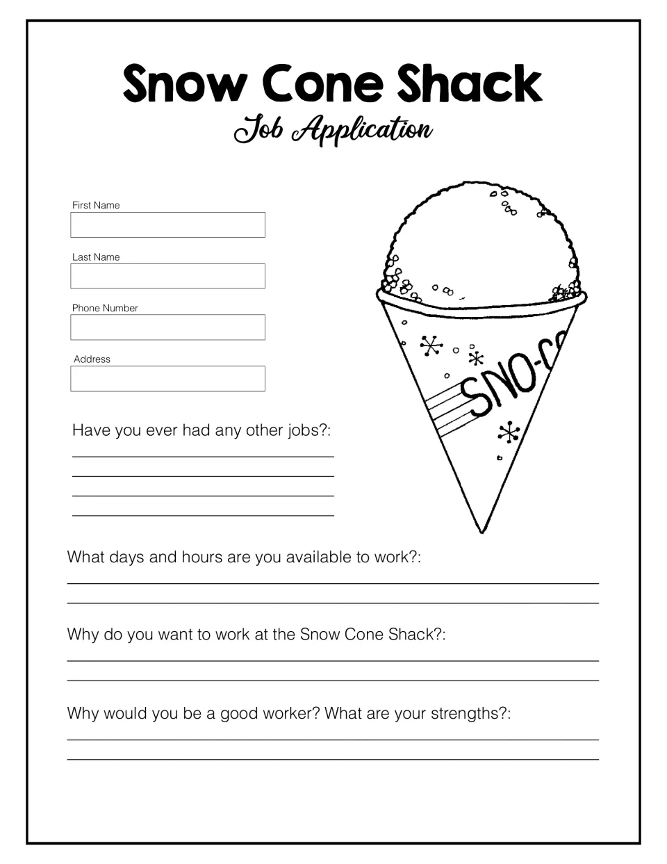 Snow Cone Shack job application: students list contact details, past jobs, availability and why they'd be a good worker