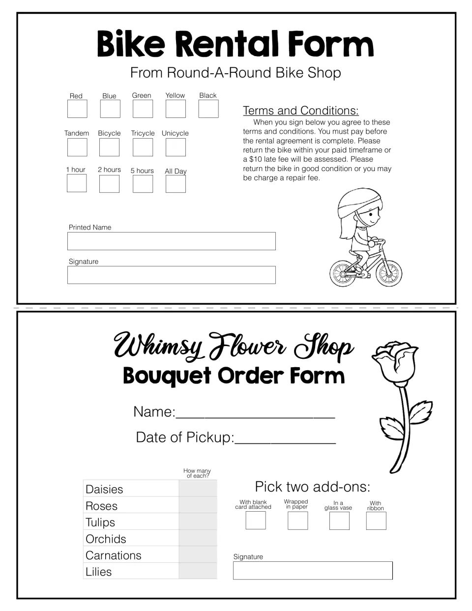 Bike rental form for choosing bike color, type and rental time, plus a Whimsy Flower Shop bouquet order with two add-ons