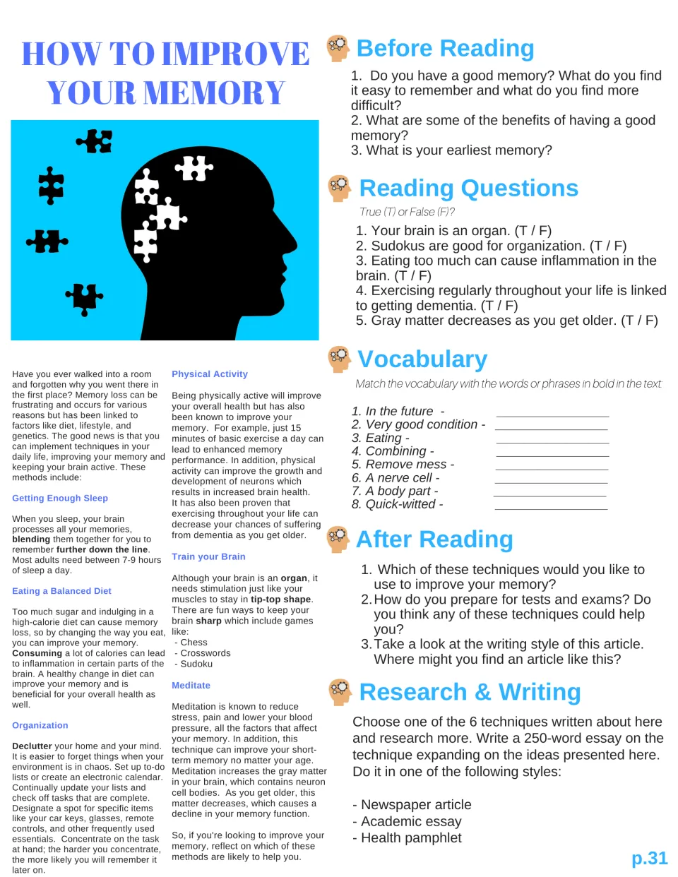 Memory article on sleep, diet, exercise and meditation with discussion, true/false, vocabulary match and essay tasks