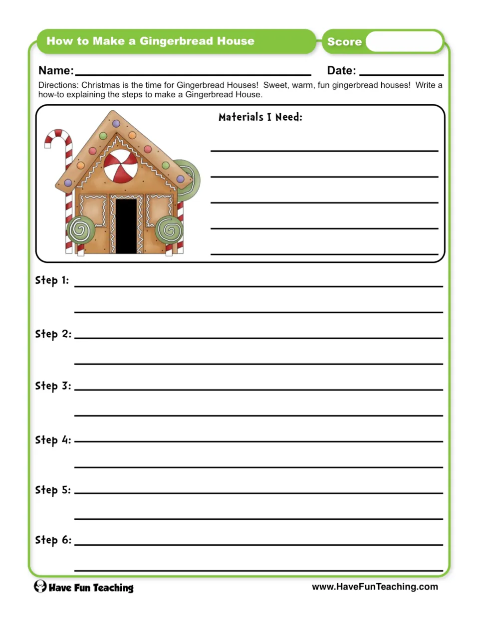 How-to writing worksheet for a gingerbread house, with a materials list and six steps for students to write.