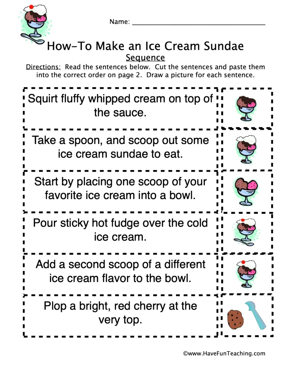 Sundae sequencing cutouts: six sentences about scooping ice cream, adding toppings, and eating the sundae.