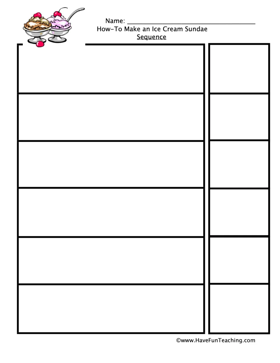 Sundae sequencing activity sheet for pasting six steps in order and drawing a picture for each sentence.