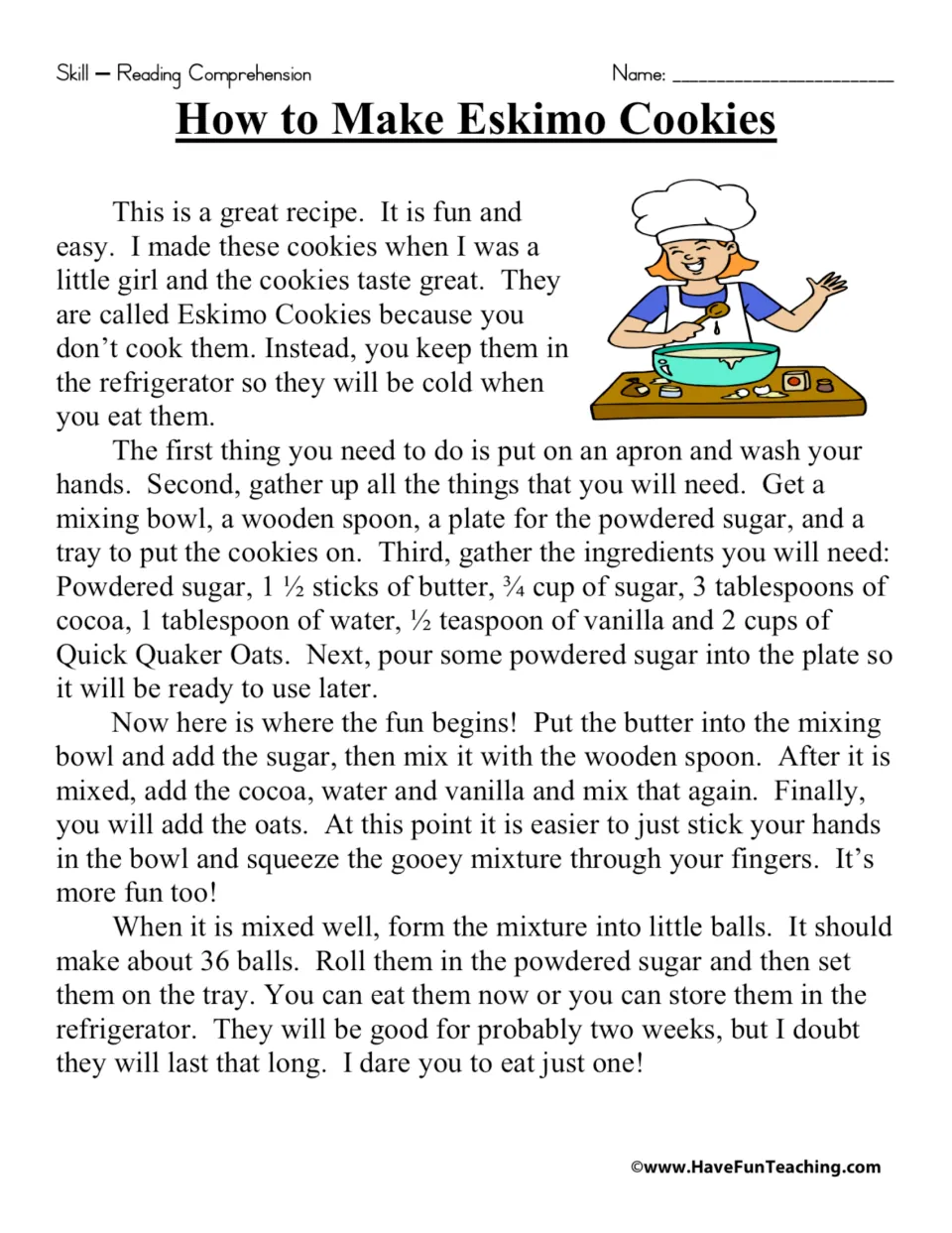 Recipe reading passage explaining how to mix no-bake cocoa oat cookies, shape 36 balls, and coat them in sugar.