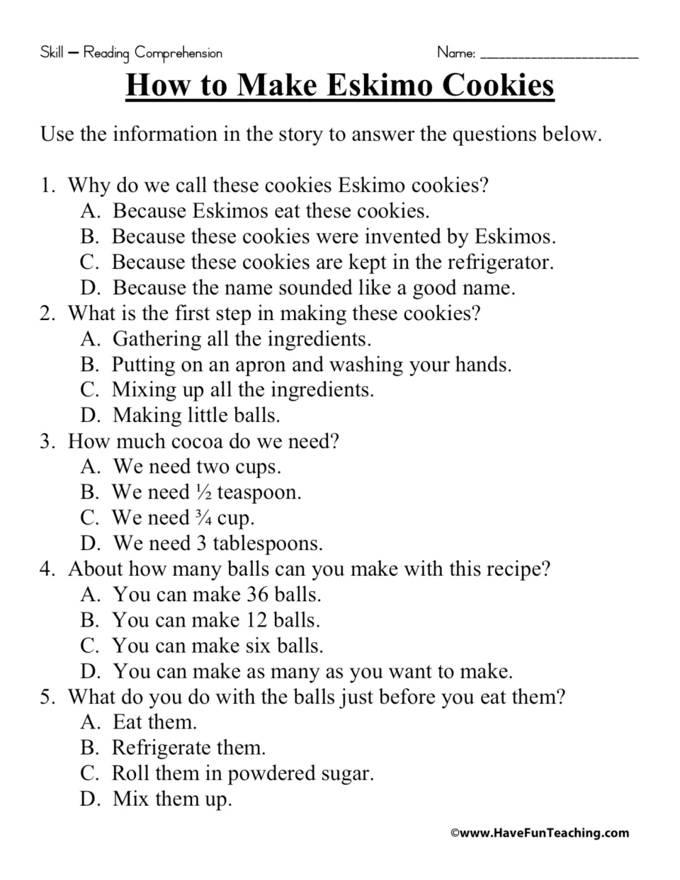 Five multiple-choice recipe questions about the cookie name, first step, cocoa amount, yield, and sugar coating.