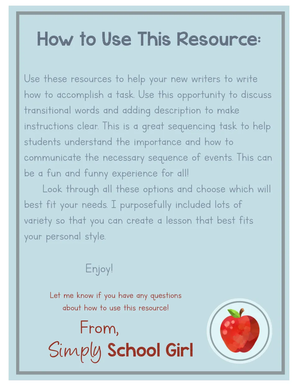 Teacher note on using the resource: discuss transition words and added detail so how-to steps are clear and in order