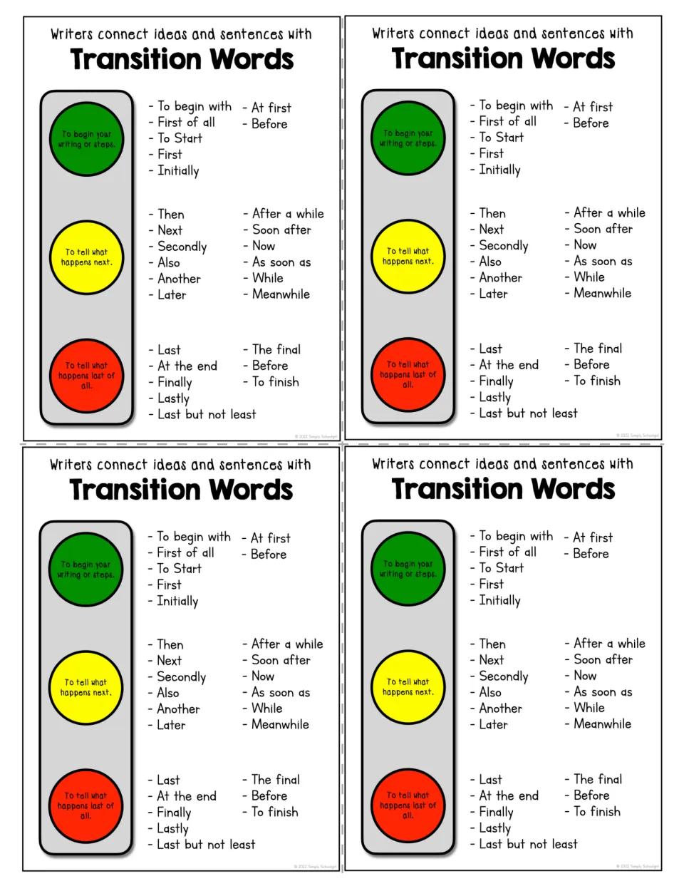 Transition words mini charts: four smaller copies of the traffic-light word list for beginning, middle and end steps