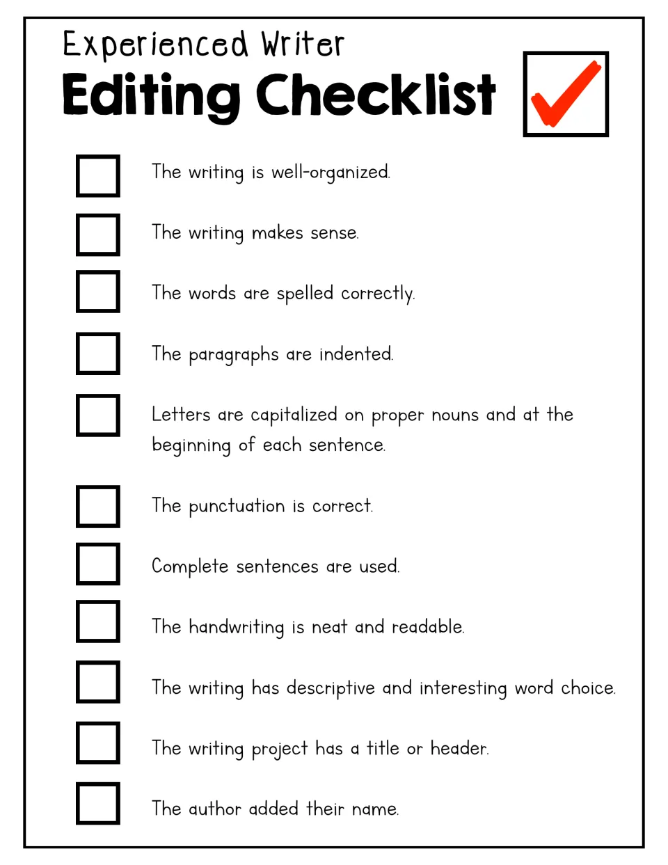 Experienced writer editing checklist: 11 items students tick, from organization and spelling to word choice and a title