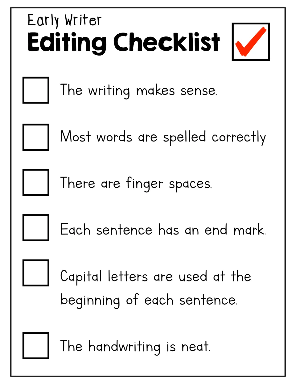 Early writer editing checklist: six items to tick, including sense, spelling, finger spaces, end marks and capitals