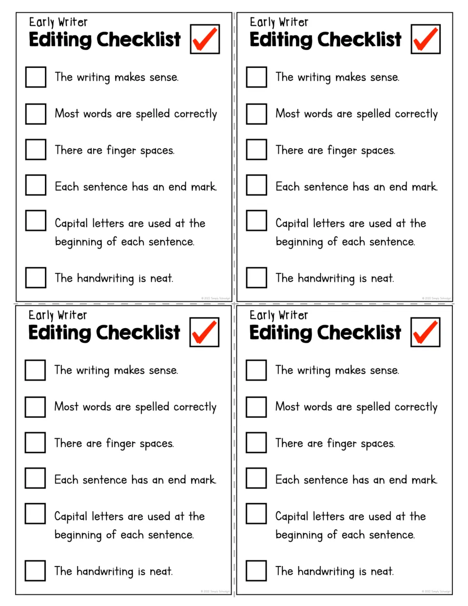 Early writer checklist mini copies: four smaller versions of the six-item list for checking finger spaces and end marks