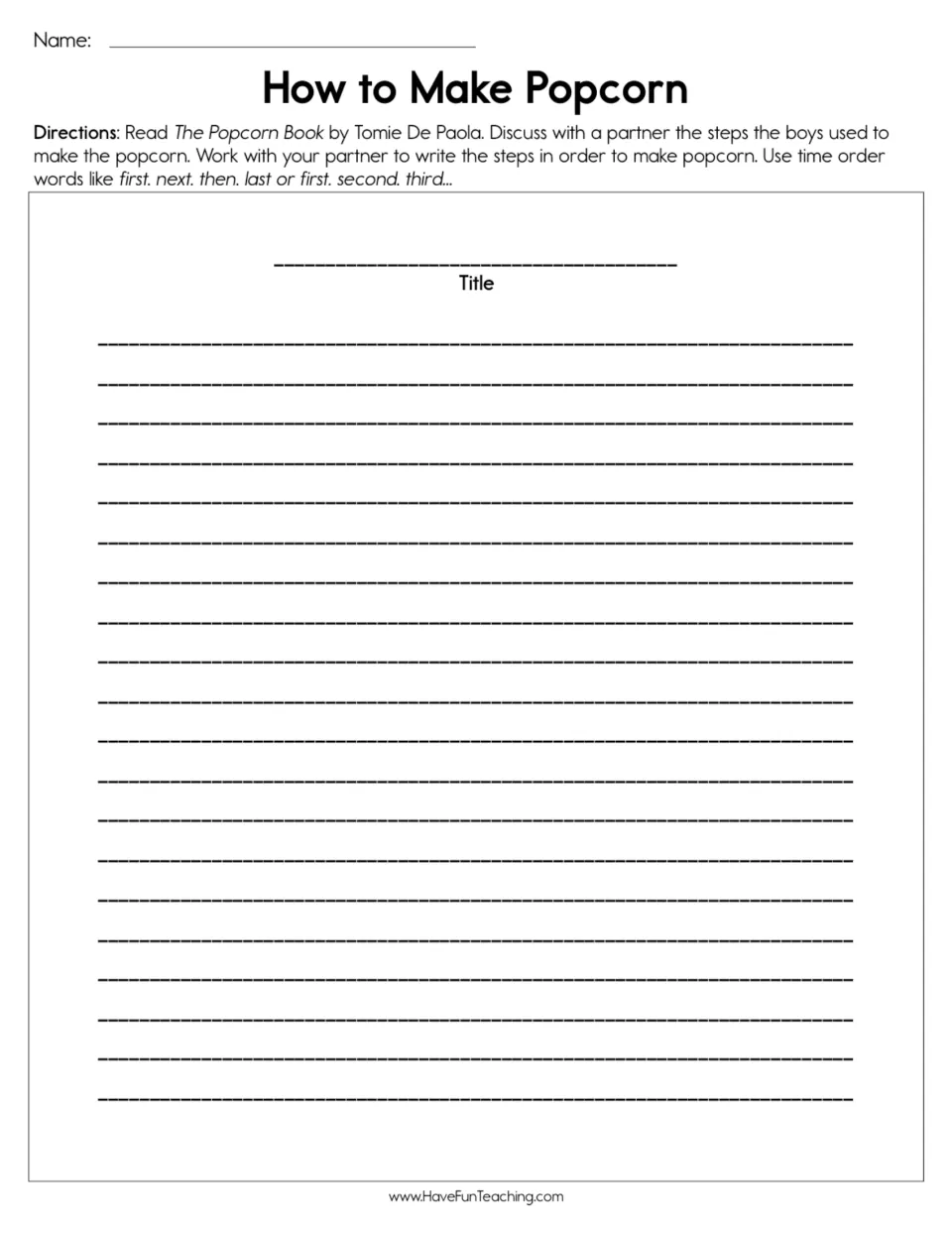 How to Make Popcorn procedural writing: partners write the steps from The Popcorn Book in order using time order words