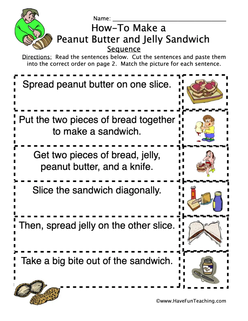 Cut-and-paste sequencing sheet: six sentences and pictures for making a peanut butter and jelly sandwich.