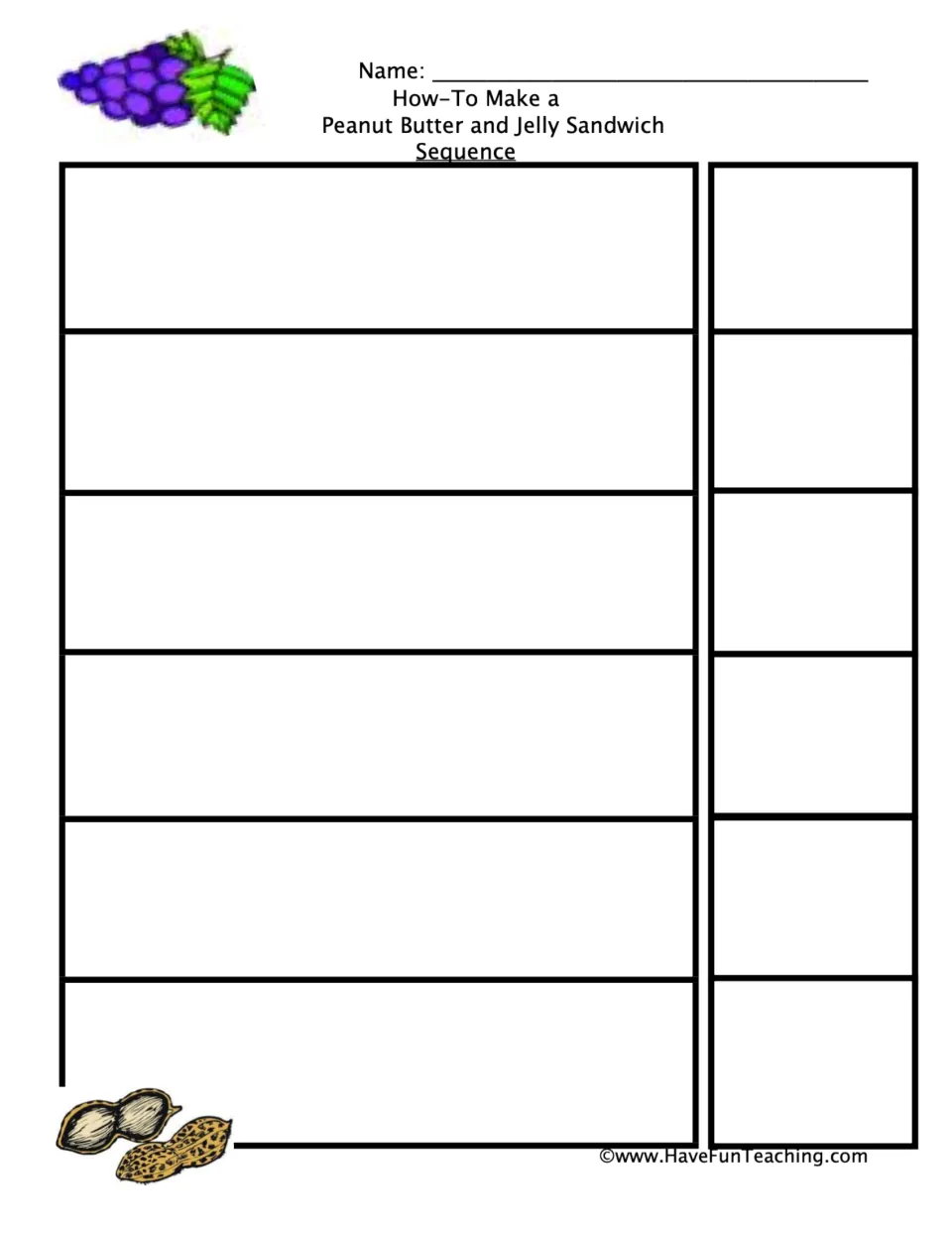 Sequencing activity page for pasting six sandwich-making sentences in order and matching their pictures.