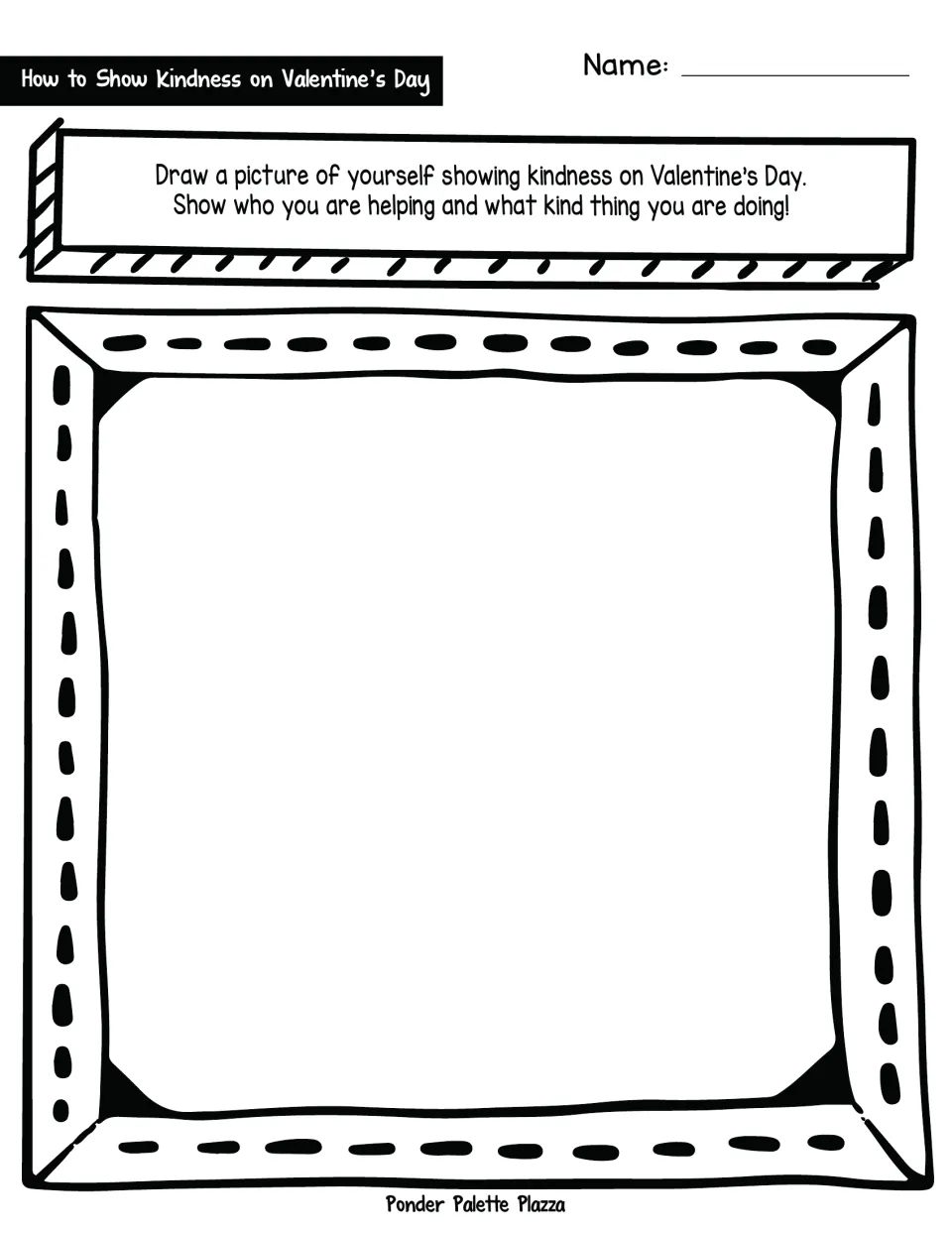 Valentine's Day kindness drawing: students draw themselves doing a kind act, showing who they help and what they do
