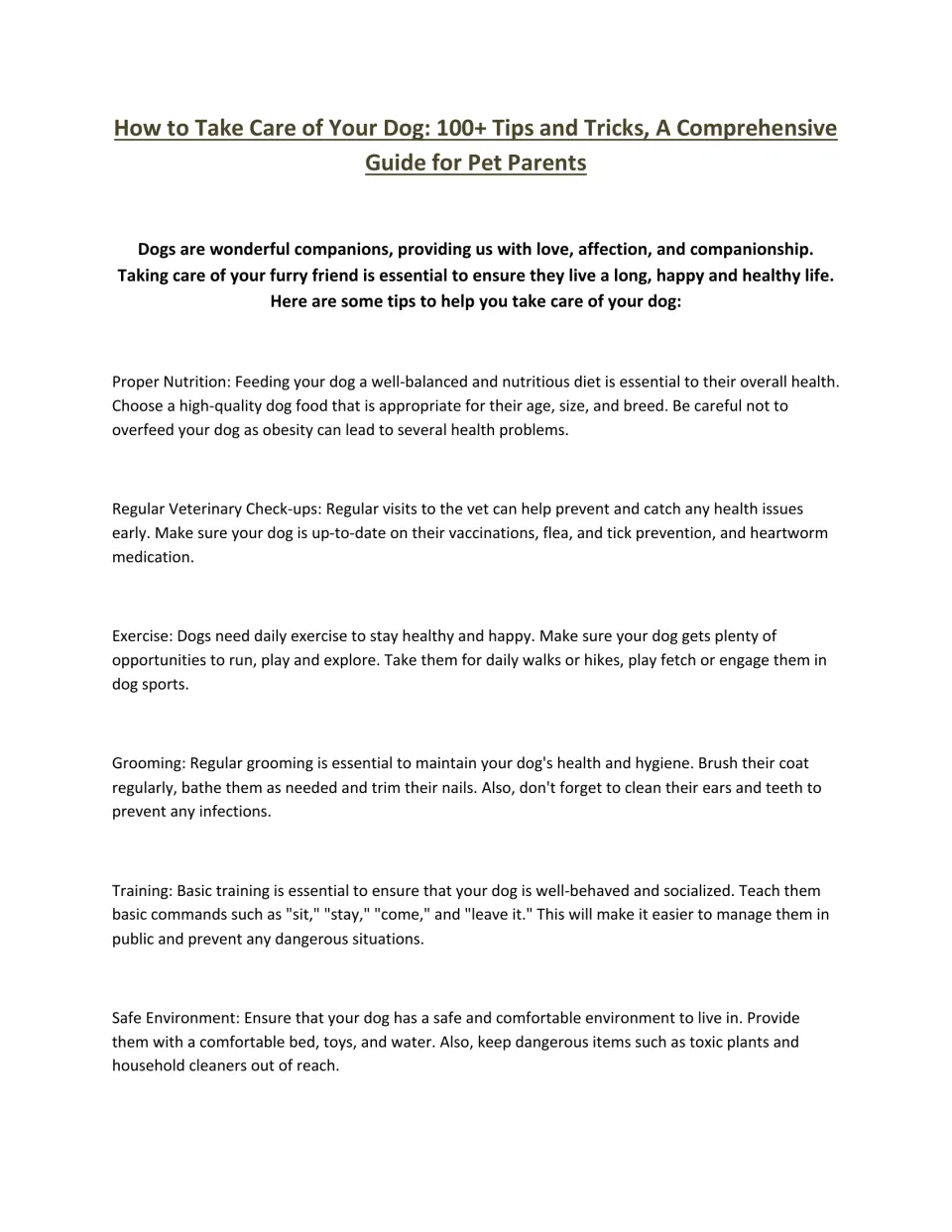 Dog-care guide opening: introduction and tips on nutrition, vet checkups, exercise, grooming, training, and safety
