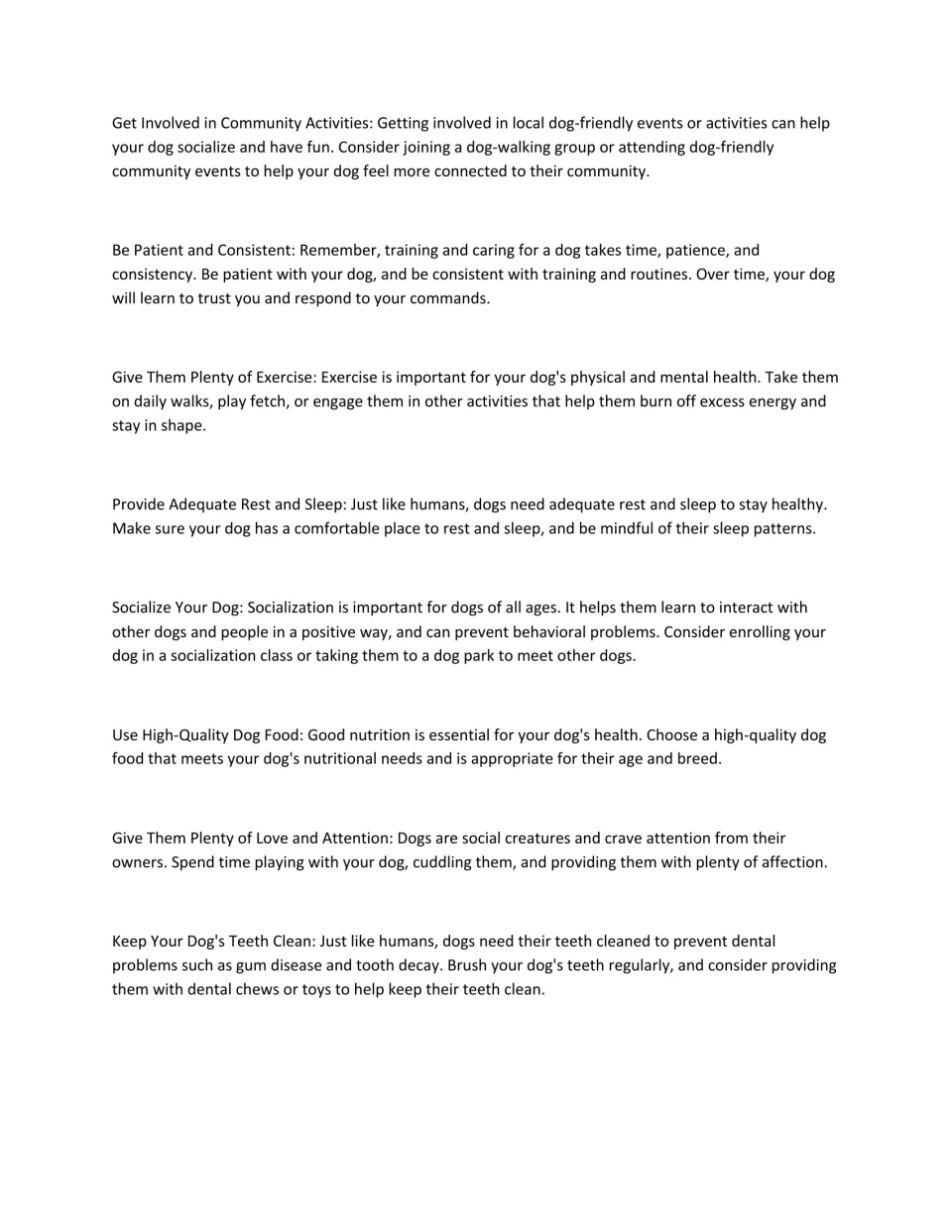 Dog-care guide page 5: community activities, patience, exercise, rest, socialization, food, and dental care