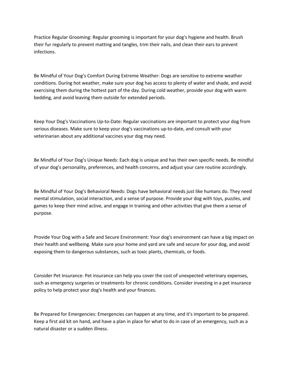 Dog-care guide page 6: grooming, extreme weather, vaccines, individual needs, safety, and pet insurance